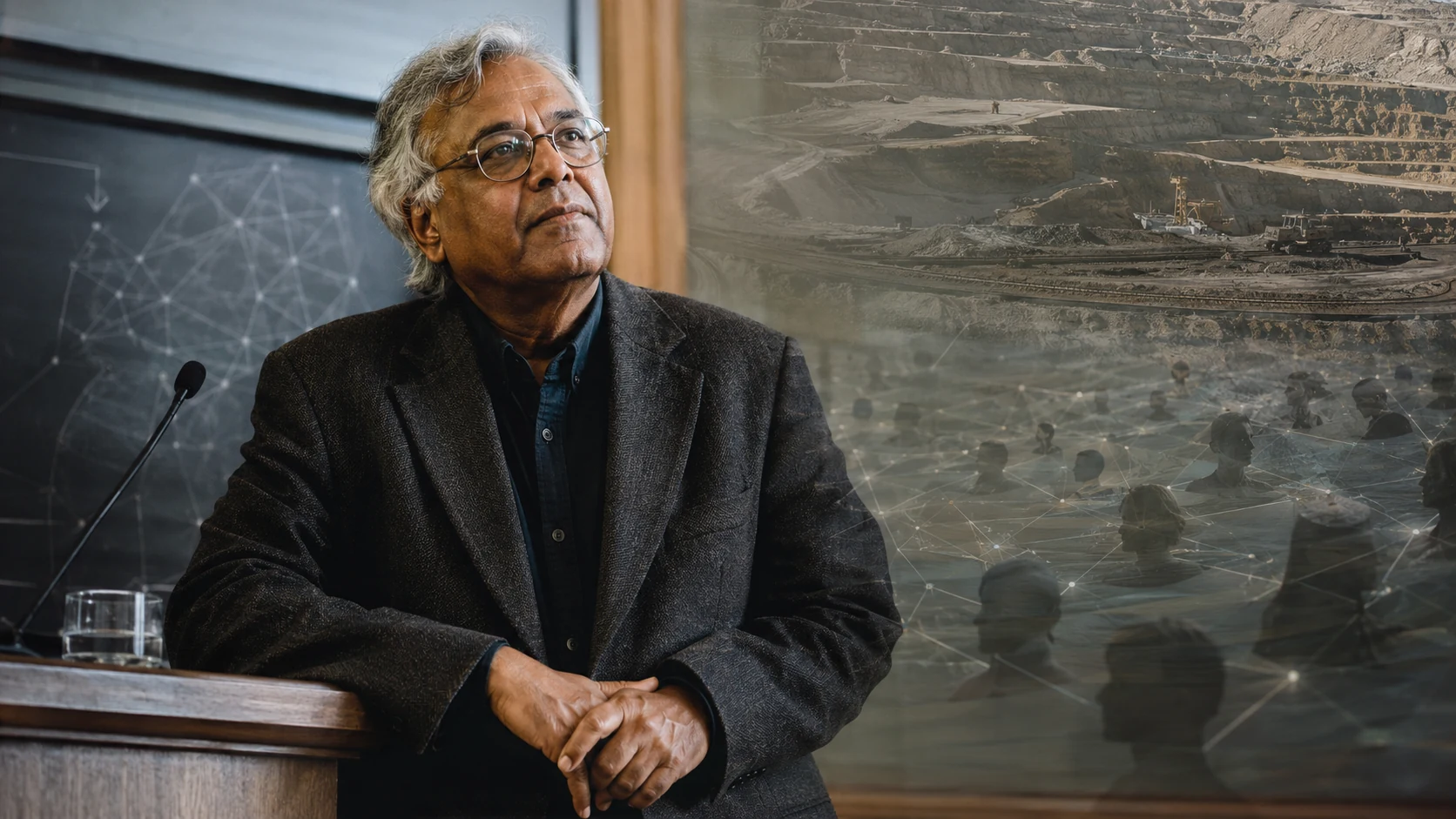 Arjun Appadurai ante una composición visual que relaciona perfiles, redes humanas y un paisaje de extracción minera.