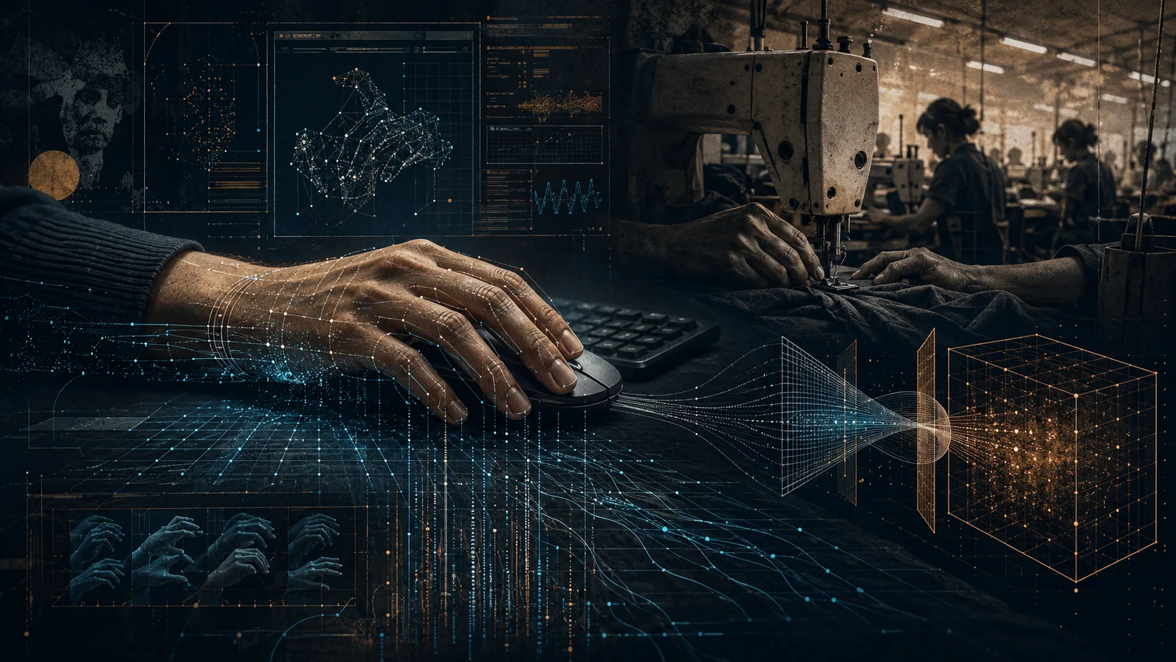 Composición editorial sobre cámaras en el trabajo, gestos convertidos en datos y entrenamiento de la automatización.