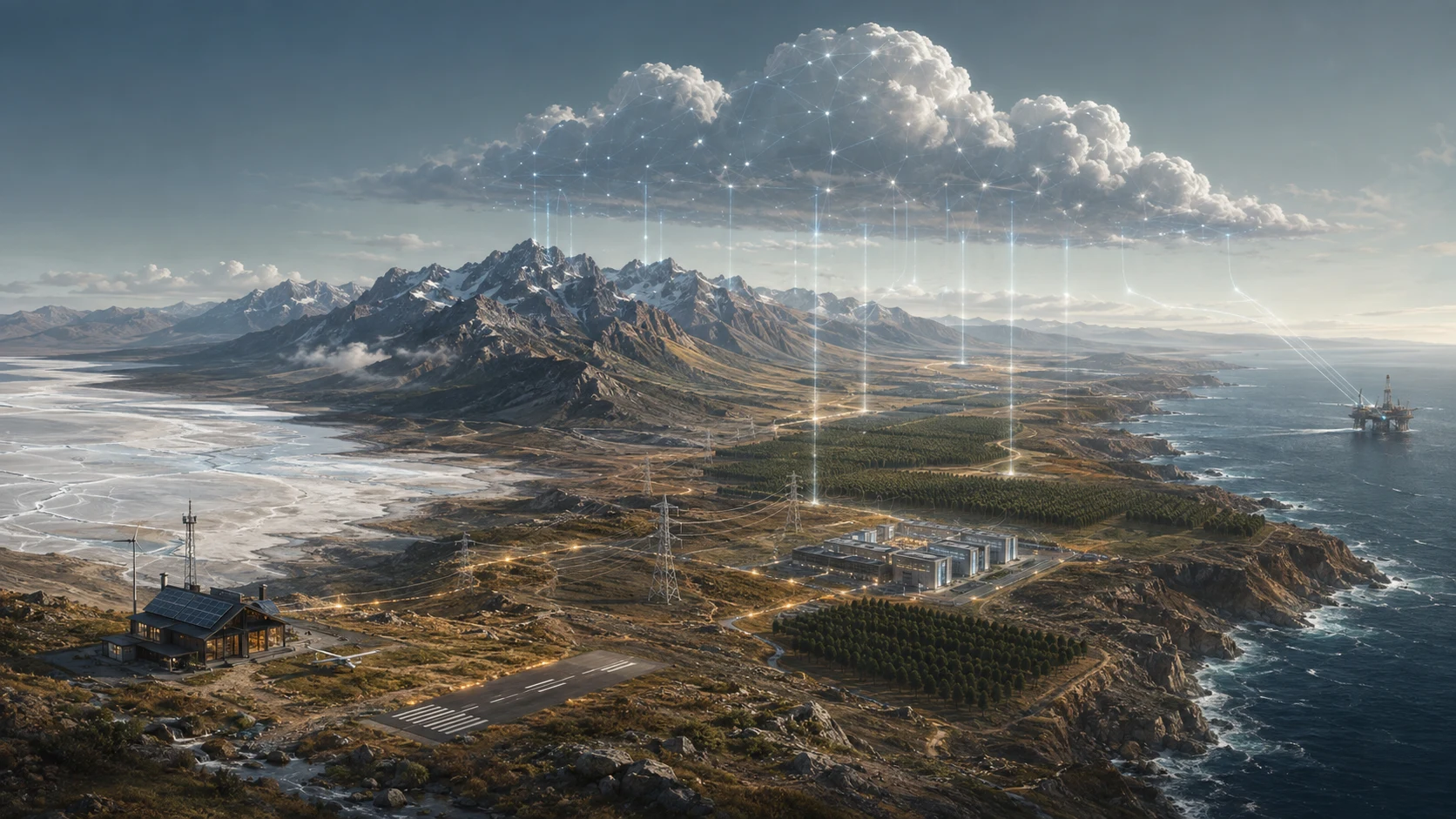 Ilustración de una nube digital conectada sobre un territorio montañoso con energía, infraestructuras y actividad extractiva.
