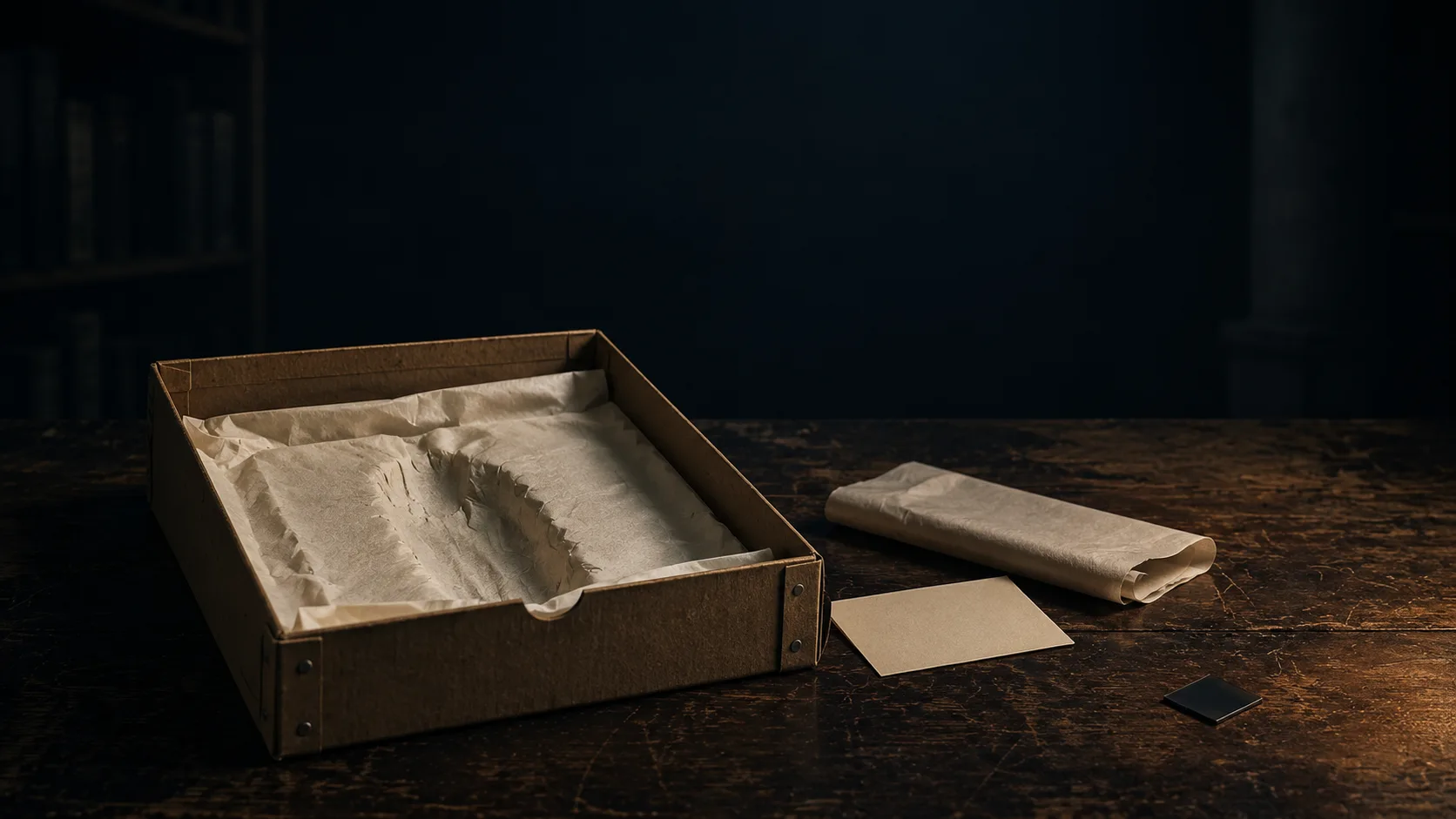Caja de archivo abierta y vacía, forrada de tela, sobre una mesa de madera oscura, junto a un objeto envuelto en papel y una pequeña tarjeta: una imagen de restitución y patrimonio pendiente de devolución.
