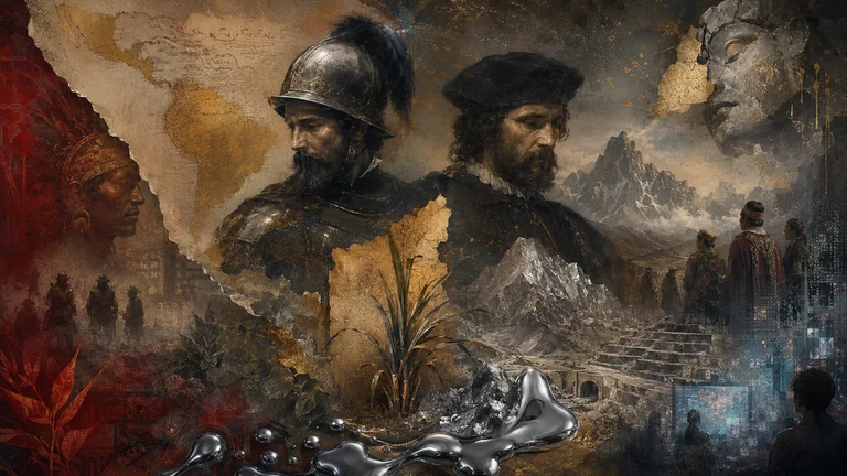 Composición editorial sobre Cortés, Pizarro, conquista, extracción colonial y memoria histórica.