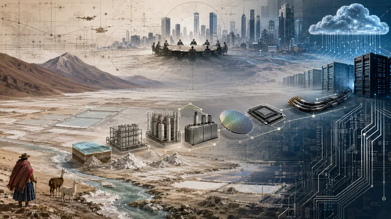 Ilustración de un salar andino conectado mediante una cadena industrial con baterías, microchips, centros de datos y una nube digital, mientras una persona y varias llamas permanecen junto al agua.