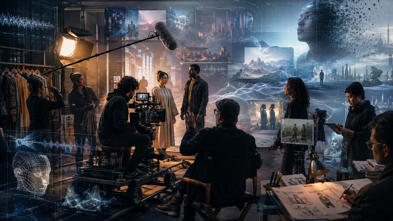Rodaje cinematográfico con equipo técnico, vestuario, sonido y capas visuales de inteligencia artificial.