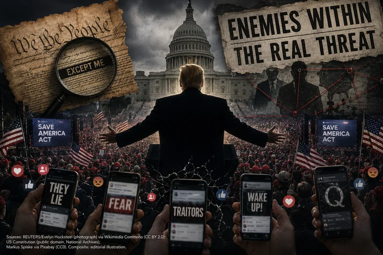 Ilustración editorial de Donald Trump ante una multitud en Washington, con referencias visuales a conspiracionismo, redes sociales, enemigos internos y el SAVE America Act.