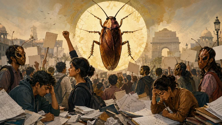 Ilustración editorial de una protesta estudiantil entre exámenes y cucarachas